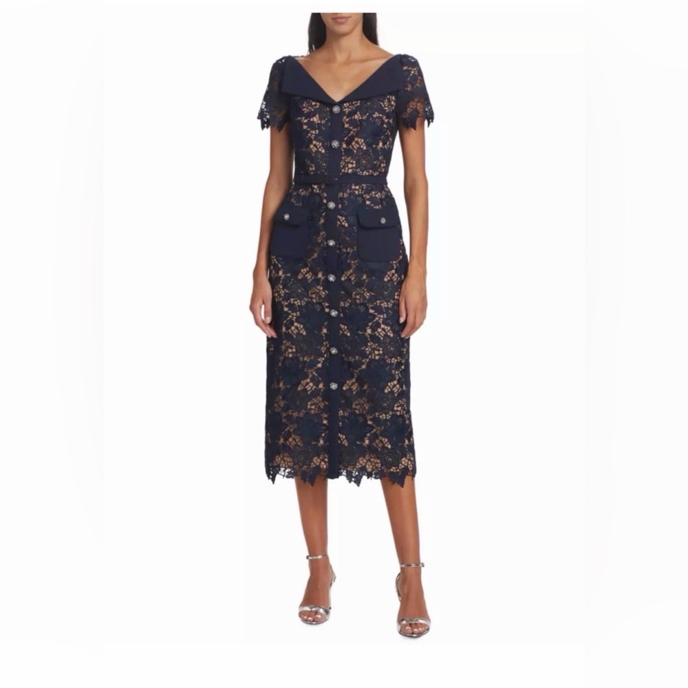 Self Portrait Navy and Beige Lace Midi dress size 2